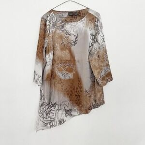 Chicos Travelers Blouse Womens Size 2 Large Silky Brown Asymmetric Animal Print